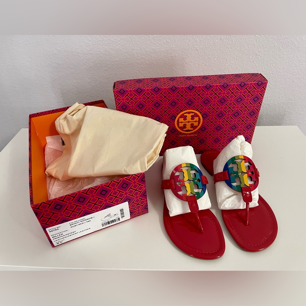 Tory Burch Miller Sandals Patent Leather Ruby Rainbow